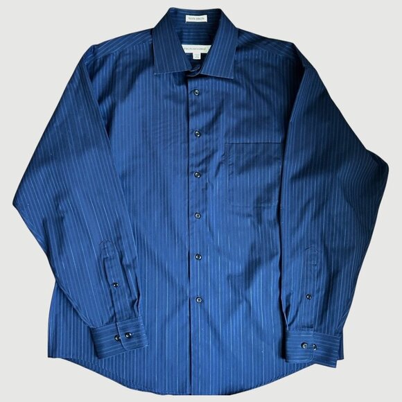 Pronto-Uomo Non-iron Navy Blue Button Down Shirt 100% Cotton Large - Picture 1 of 4